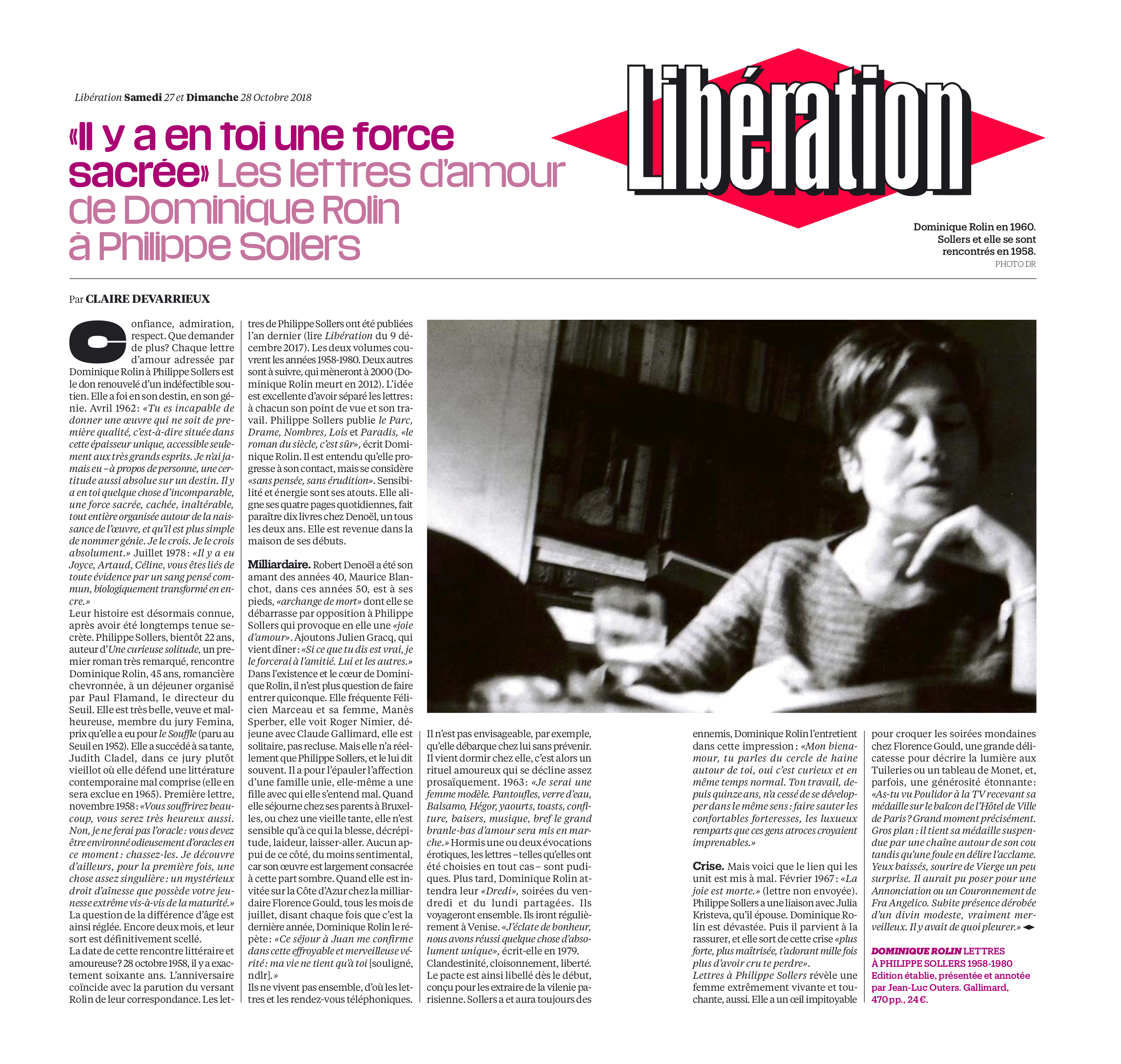 Dominique Rolin Lettres à Philippe Sollers 