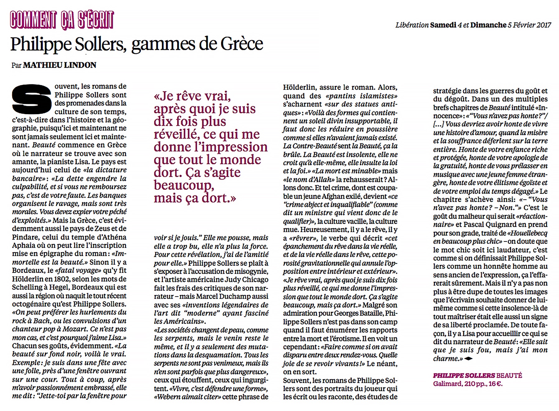 Beauté - PHILIPPE SOLLERS, GAMMES DE GRÈCE Par Mathieu Lindon